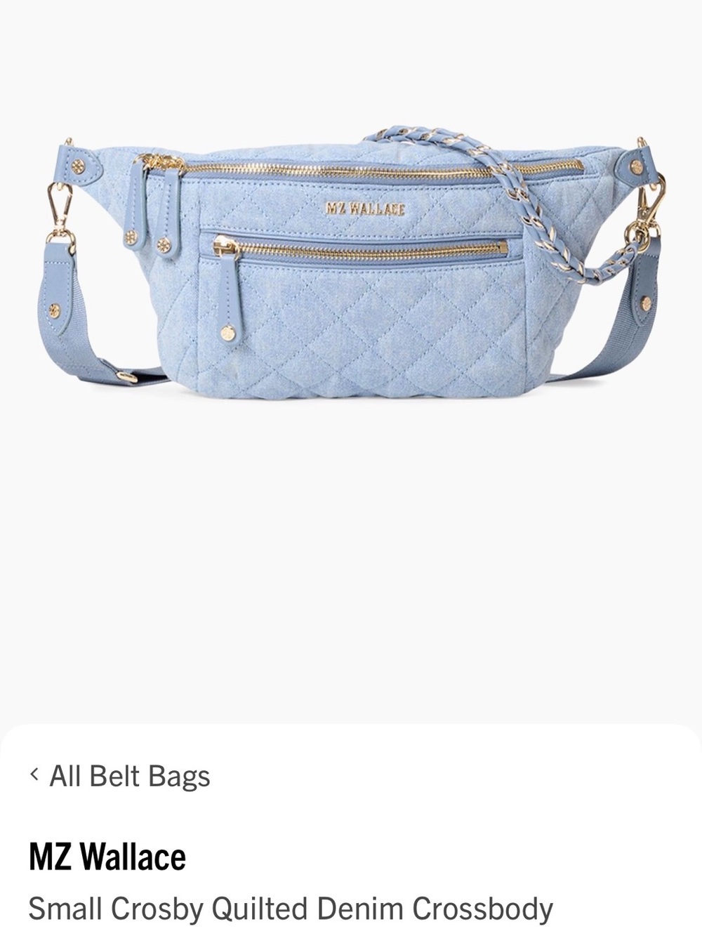MZ Wallace Quilted Denim Crossbody in Light Blue with Gold Hardware.